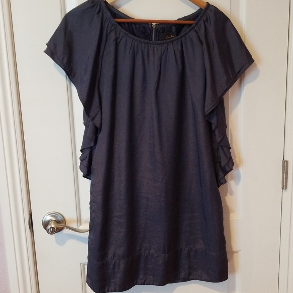 Shimmery muted purple ruffle sleeve dress